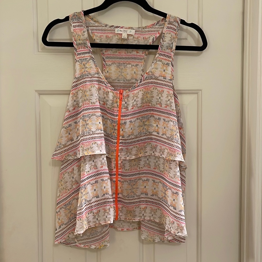 Love, Fire orange and pink tank blouse with neon orange zipper. Size large